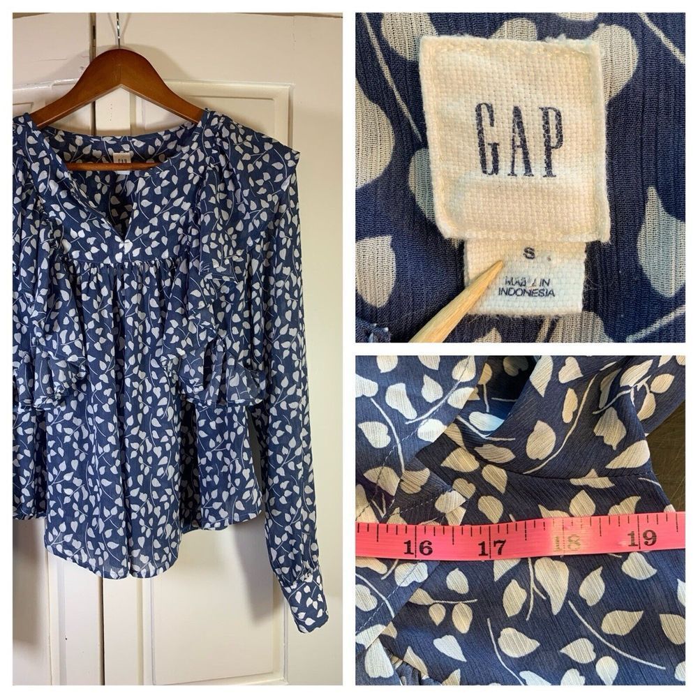 Gap Cottage‎ Blouse Top Women Small Black Floral Print Ruffle Boho Semi Sheer